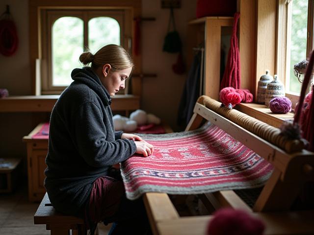 En vever ved en tradisjonell vevstol, omgitt av fargerike ullgarn og halvrådt tekstil med tradisjonelle norske mønstre.