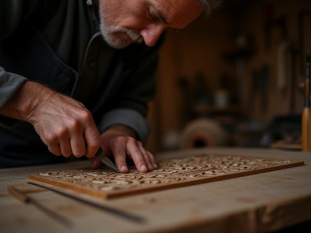 En tradisjonell trearbeider som tålmodig utskjærer intrikate mønstre i tre med handverktøy.