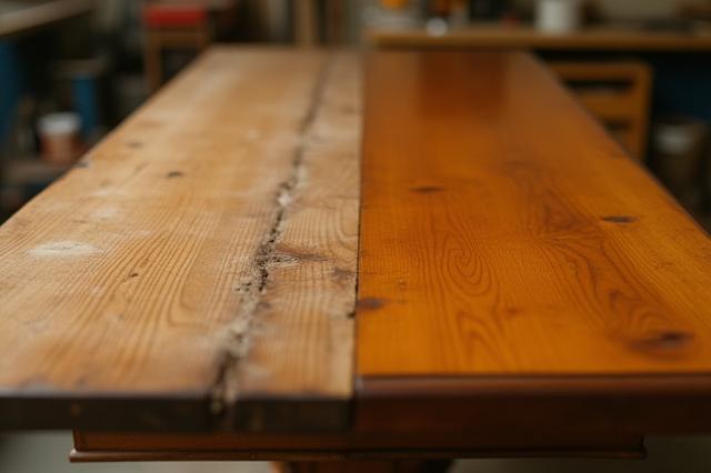 Før og etter bilde av et restaurert antikt trebord i et lyst verksted